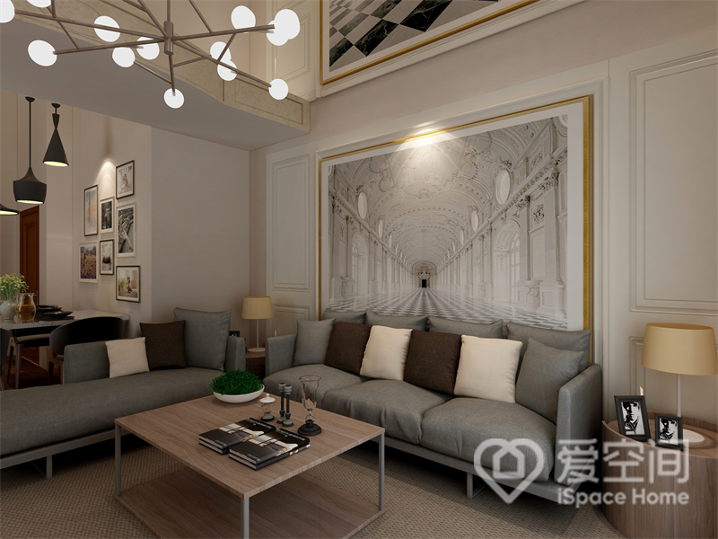 客厅温雅大气，设计师通过现代感的材质让空间显得十分典雅，照明增添了温馨感与舒适感。