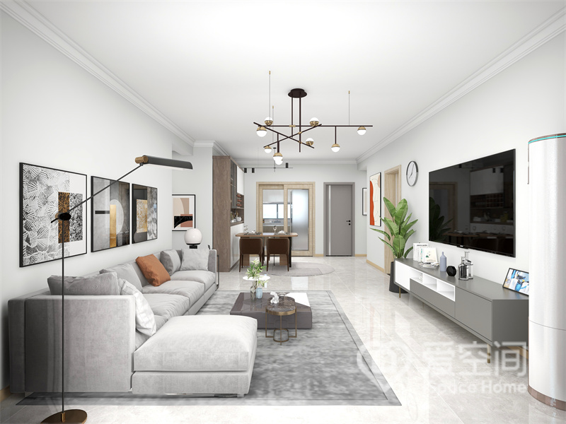 客厅无吊顶设计，打造出简约与明朗的客厅空间，灰色系沙发渲染出朴质的现代意境，优雅而大气。