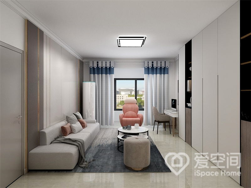 客厅色彩干净明快，设计师摒弃浮夸的设计，选用高舒适度家具，粉色沙发起到点睛作用。 3
