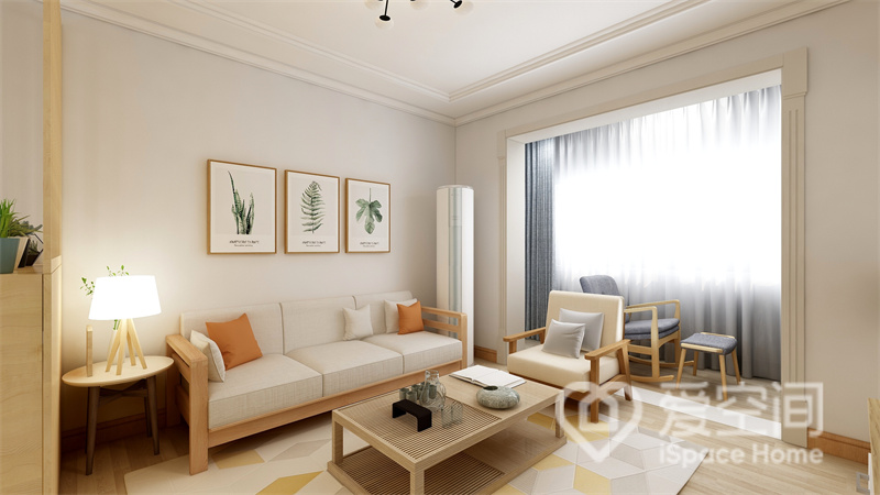 客厅的配色清新澄澈，北欧家具与硬装背景自成一体，流畅的线条勾勒出简约明净的生活氛围。