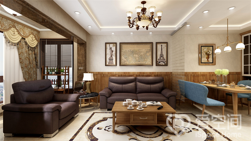 客厅以温柔的米色为主色调，搭配深棕色美式沙发，简洁的装饰元素透露出时尚与温柔。