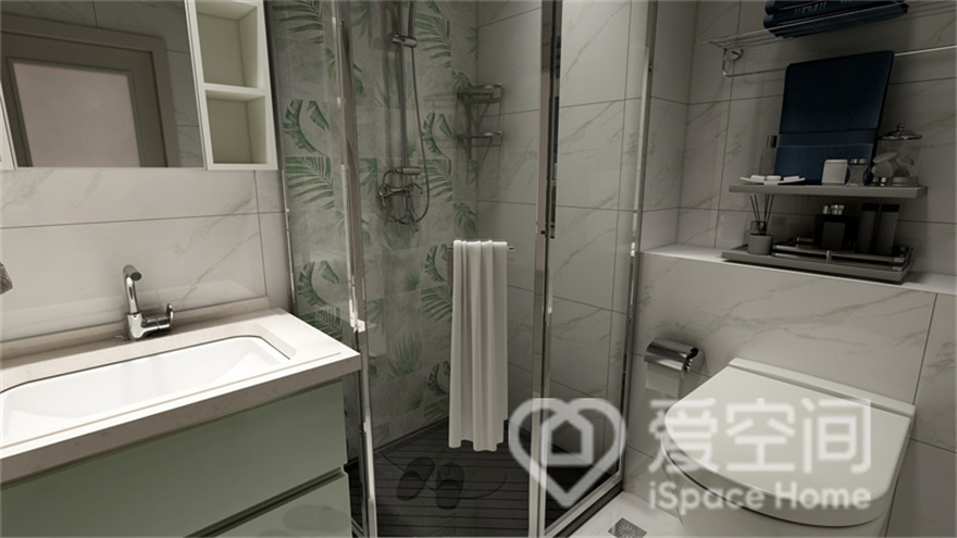 干湿分离增加了卫浴空间的精致感，洁具、洗手台、镜柜等的选择上，都考虑到了功能性。