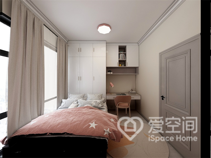 次卧的采光为室内带来明亮的视觉感受，榻榻米一体柜以简单的方式陈设，充分提升了空间利用率。
