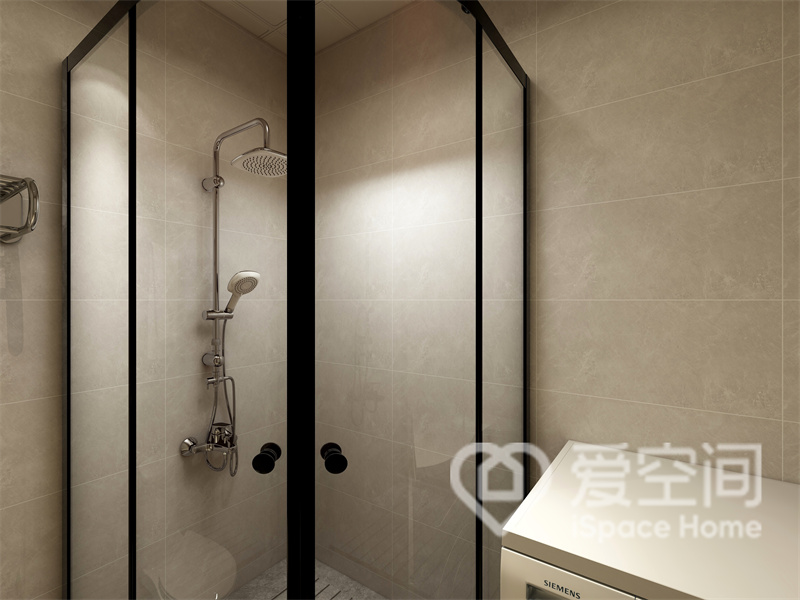米白色作为卫浴空间的主色调，透露出温馨感，干湿分离展现出线条美感，让空间更加具有层次。