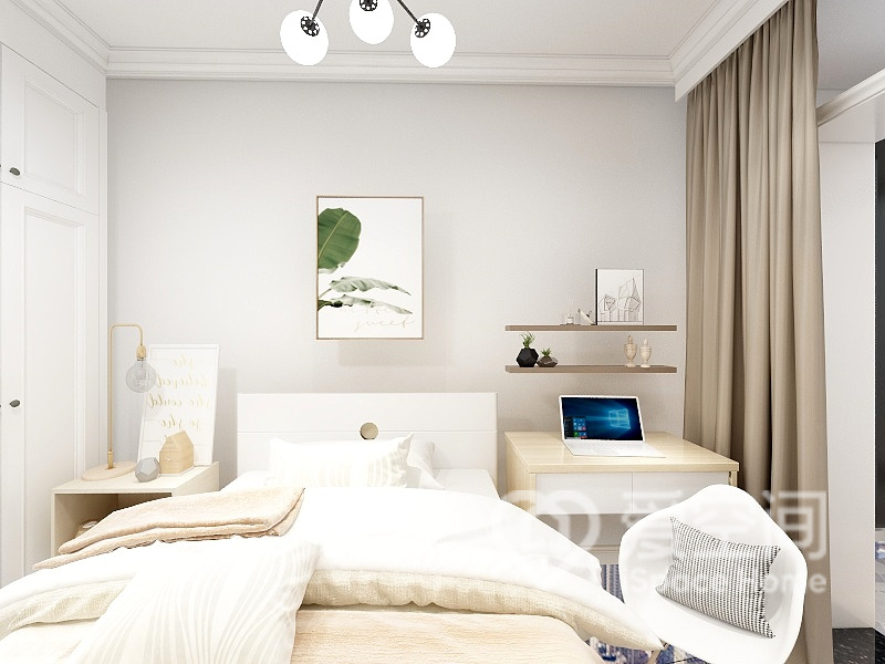次卧以简洁明快的白色为设计格调，加上干净爽朗的原木家具点衬，整个空间变得安静雅致。