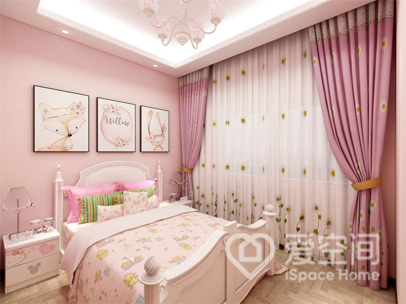粉色带来温馨的少女气息，在内置灯光下，白色床体结构优雅，背景装饰为空间增添了些许浪漫。