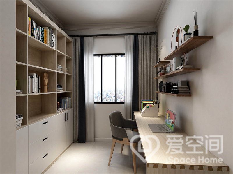 多功能房注重收纳的设计，原木柜面在视觉效果上显得简洁而时尚，塑造出温馨简约的室内氛围。