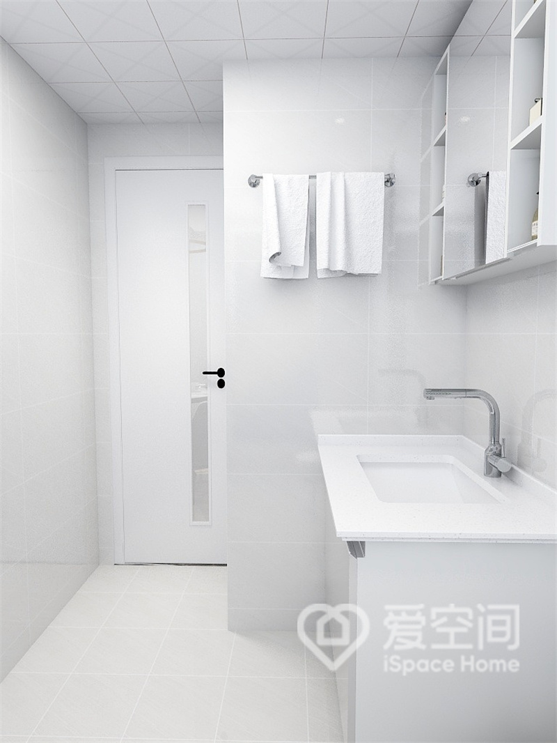 卫生间以白色调为主，干湿分离设计成为室内的点睛之笔，拉升了卫浴空间的质感，整体显得宽敞明亮。