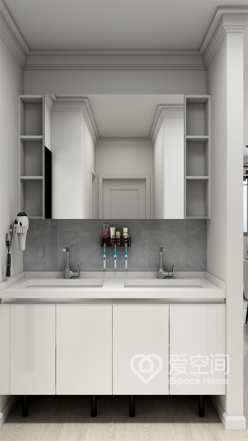 洗手台选用悬浮样式，镜柜的造型感很突出，白色桂敏不仅看起来柔和，也提升了卫浴间的现代格调。