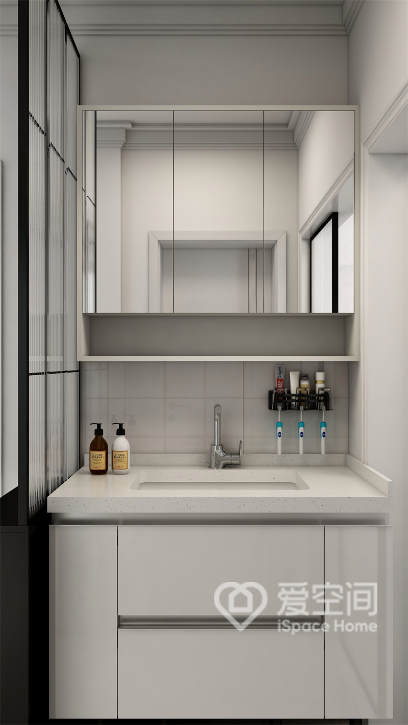 卫生间洗手台外移设计，释放出更多淋浴空间，干净的白色系橱柜搭配方形镜柜，突显出一种高级感。