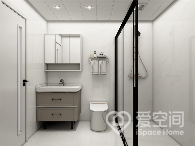 卫生间使用了干湿分离设计，白色背景低调沉稳，米色洗手柜悬浮设计，避免了卫生死角，也带来一份别样的温情。