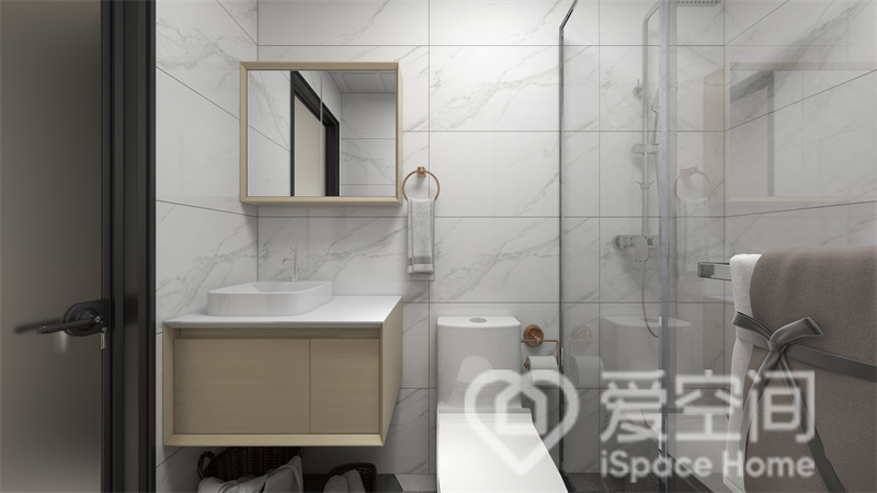 卫浴空间打破常规的设计方法，添置了干湿分离，展现出别具一格的视觉调性，从质感上丰富了空间层次。