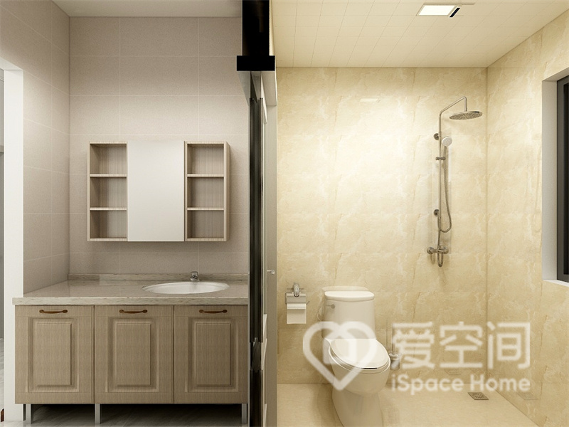 卫生间色调主要以米色为主，干湿分离设计提高了空间利用率，镜柜和洗手柜满足了收纳需求。