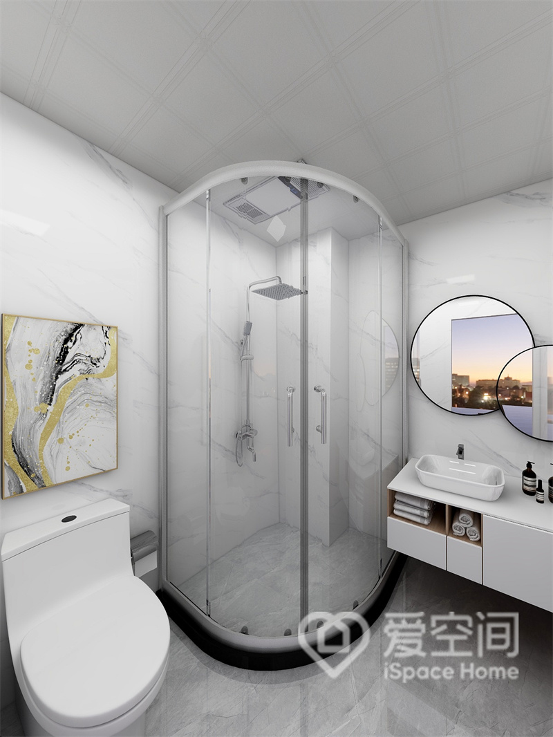 卫生间采用干湿分离的处理手法，强化了空间层次感，搭配白色洁具设计，营造出温润有质感的空间氛围。