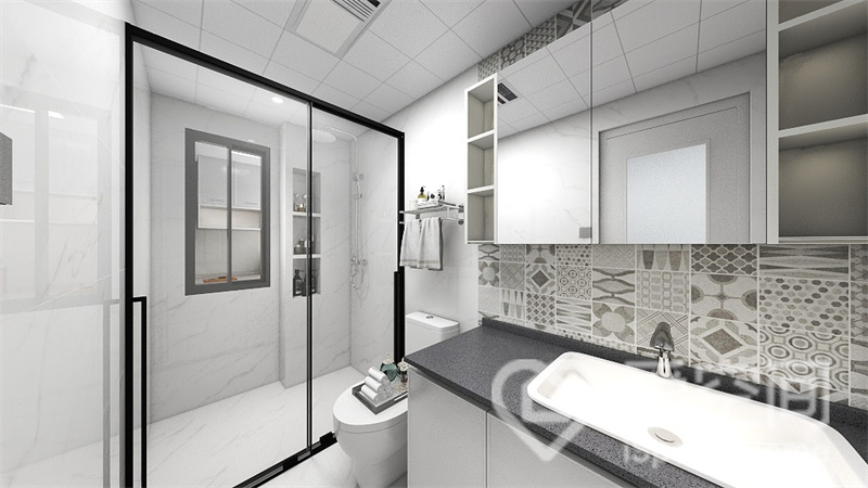 干湿分离设计适合狭长的卫浴空间，黑色线条勾勒出空间结构，简单明了，空间层次感得到提升。