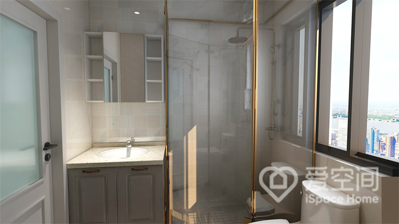 白色背景展现出一种优雅格调，淋浴房用金色线条勾勒，充满个性与时尚感，引光入室后空间显得十分大气。