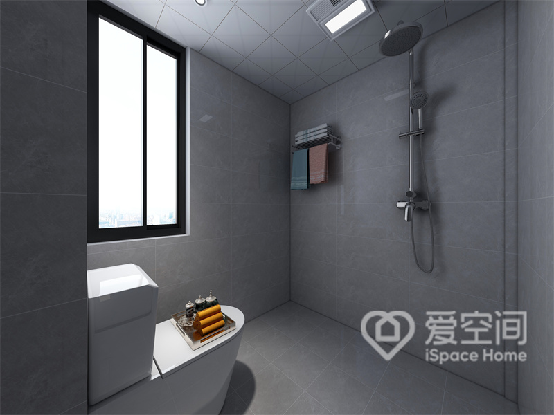 卫浴间的洁具增加了立体感，地面与墙面使用同款砖面避免了小空间视觉割裂引起的杂乱感。