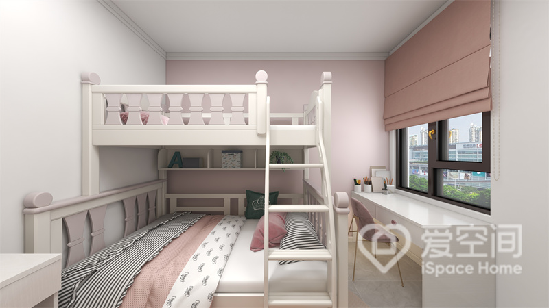 白色与粉色搭配令儿童房充满高级感，高低床提高了空间的利用率，写字台优雅整洁，功能性强。