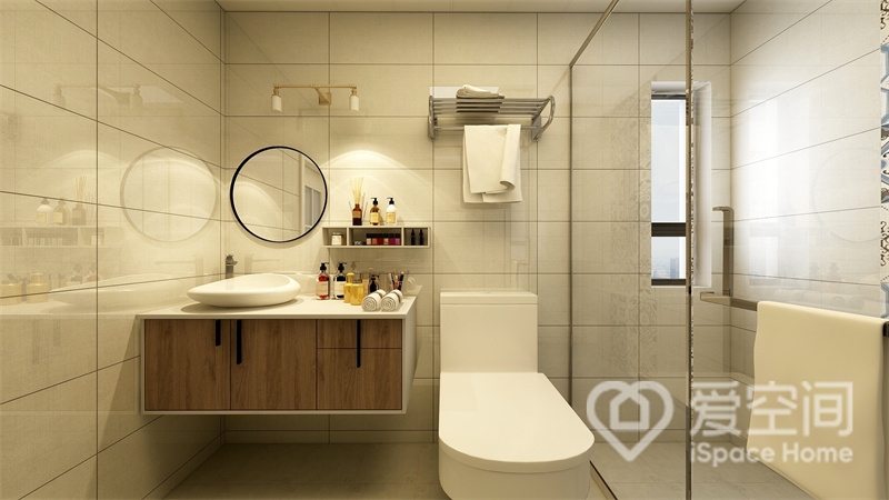 卫生间做了干湿分离，悬浮式的洗手台减少了空间的卫生死角，瞬间提升了空间的精致感。