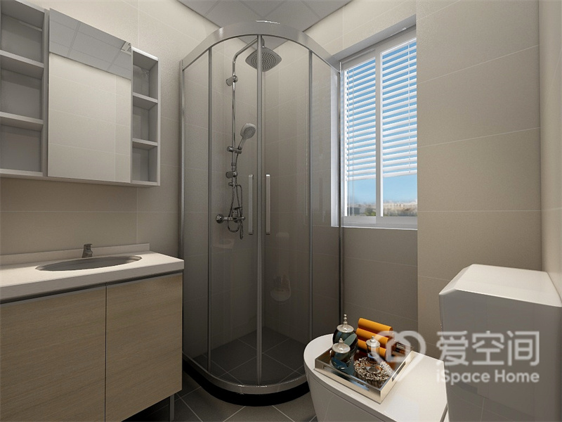 卫浴间的设计十分简洁，米色背景营造出舒适感，干湿分离创造出更高效的卫浴环境，令生活更加有序。