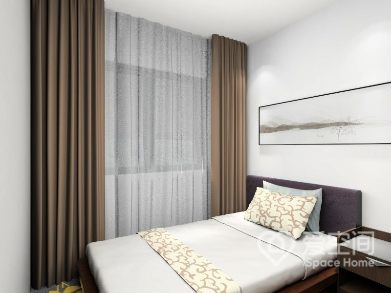 次卧空间中，白色背景让空间显得更为明亮，米色、咖色等冷色元素提升了空间的现代气息。