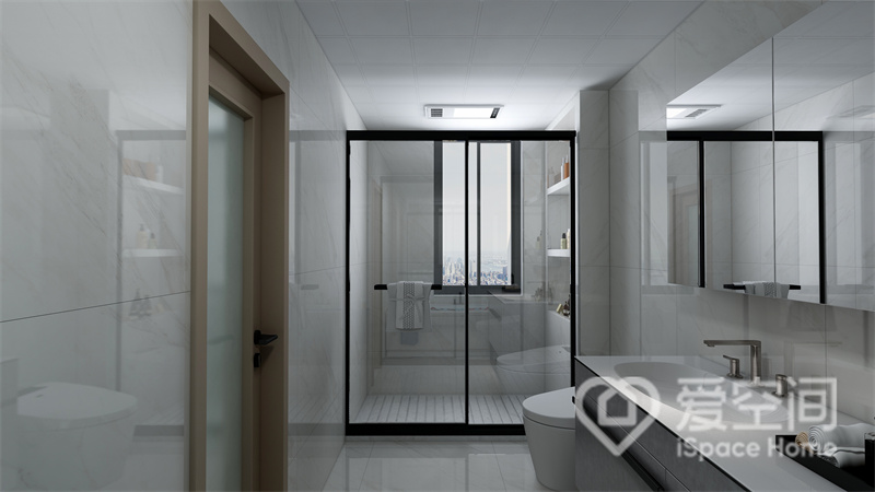 卫浴间用材讲究，设计规划巧妙，干湿分离缓解了纵深强的问题，也令空间显得更加宽敞明亮。