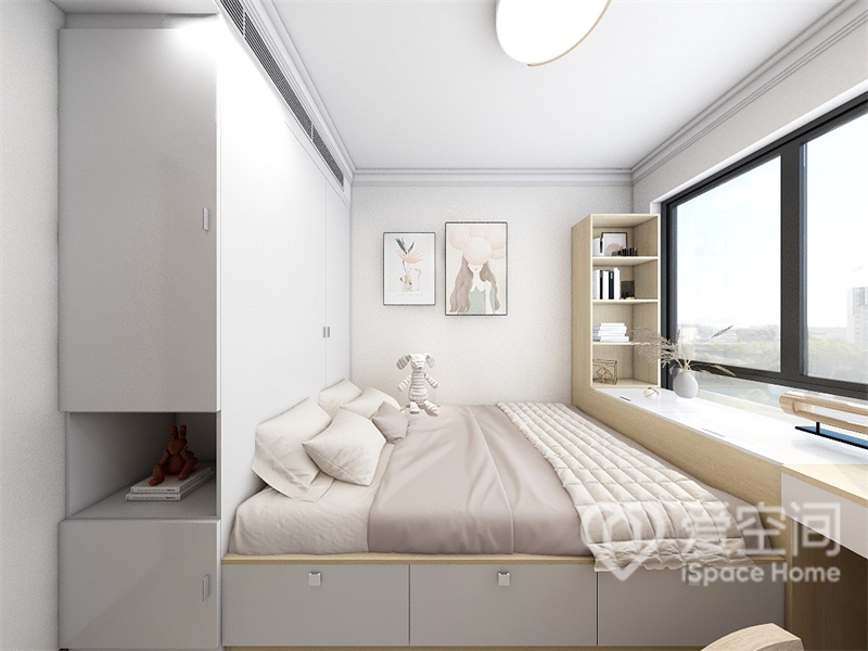 榻榻米一体柜为空间增添了现代时尚气息，临窗位置设计出办公空间，赋予了卧室更多功能性。