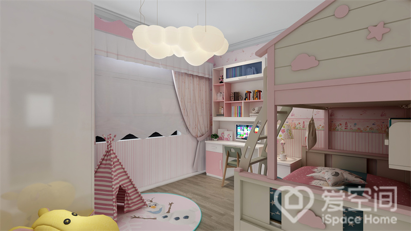 儿童房的设计注重材料与形式的表达，色彩的选择上以粉色和白色为主，家具造型简洁，呈现出温馨的气息。