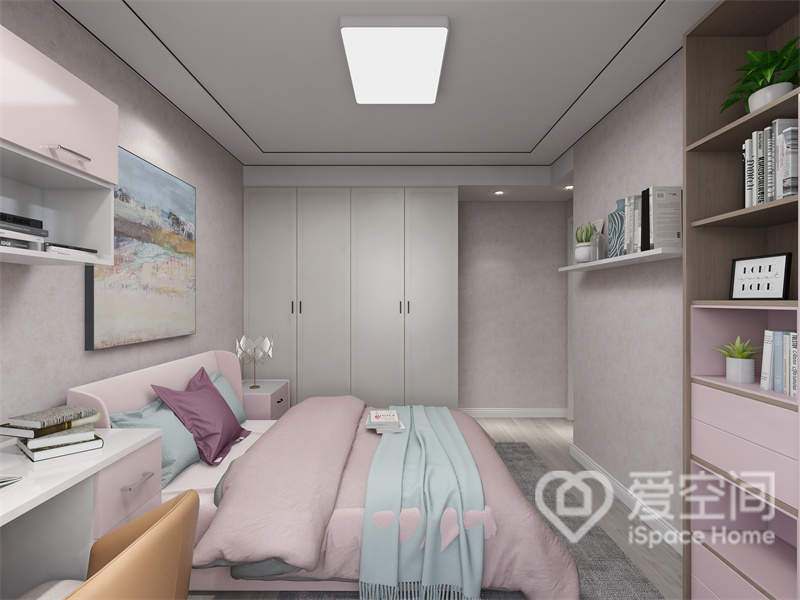 米灰色背景营造出舒适典雅的休憩氛围，配以粉蓝色软装，整个卧室空间，诠释着家的温度。
