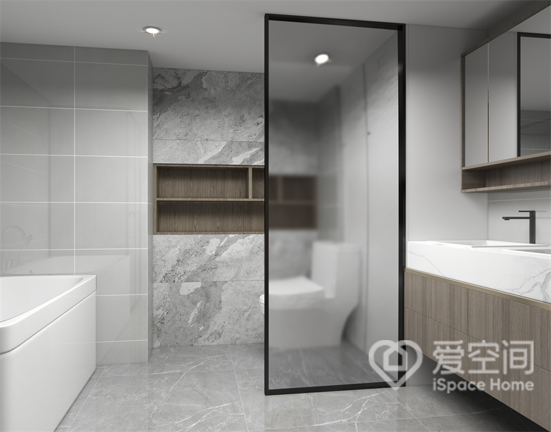 用单色设计卫生间会令人感到欠缺温馨，大理石与纯色砖面融入拼接，背景墙带来视觉上的变化感。