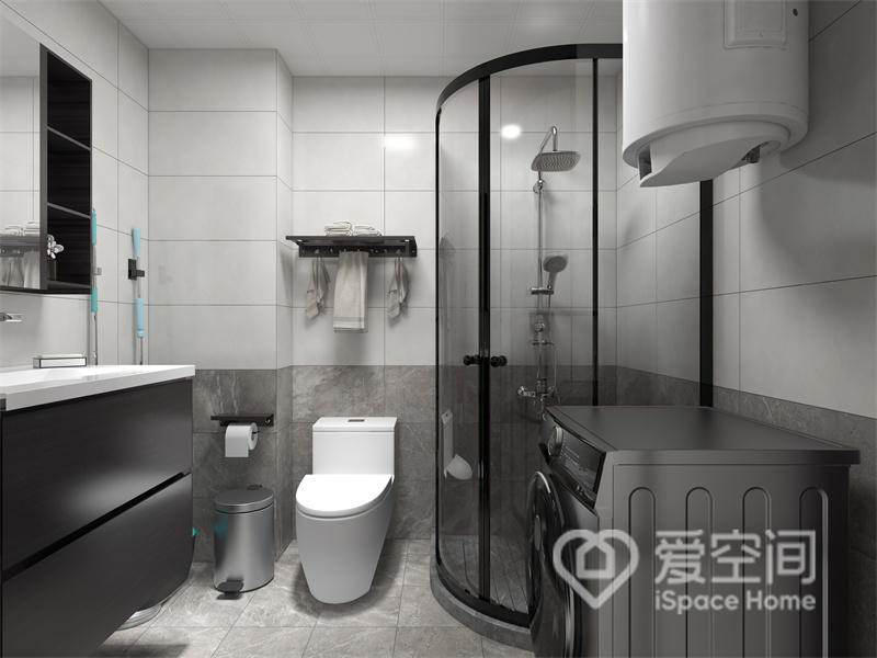 卫浴空间格局紧凑，不同的色彩和质感在空间中相互融合，干湿分离增加了空间中的精致与层次。