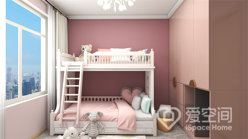 儿童房以粉色着色，白色的高低床带来了视觉上的开阔与大气，隐形衣柜细节精致，造就现代品质。