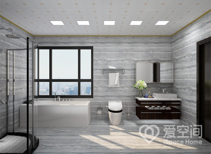 卫生间面积宽敞，背景墙与地面选用同款石砖铺贴，设计师做了干湿分离设计，并在室内增加了浴缸。