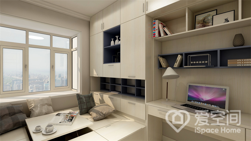 白色的运用让书房空间显得更加整洁，榻榻米一体柜让空间和谐统一，营造出温馨舒适的生活氛围。