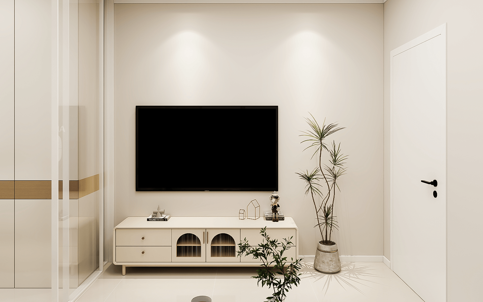 客厅虽小，但是一应俱全，电视采用了挂壁方式，电视柜为多抽屉设计，不浪费柜体空间，开关也更方便，这种还更好移动和打扫卫生。米白色的电视柜与白色地砖和墙面搭配，不仅视觉和谐，还显得空间很大。