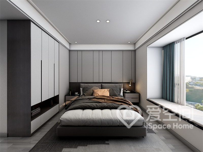 主卧用中性色来缔造优雅生活，背景墙与衣柜柜面完美契合，形成一个舒适和谐的立面，空间显得更为整洁。