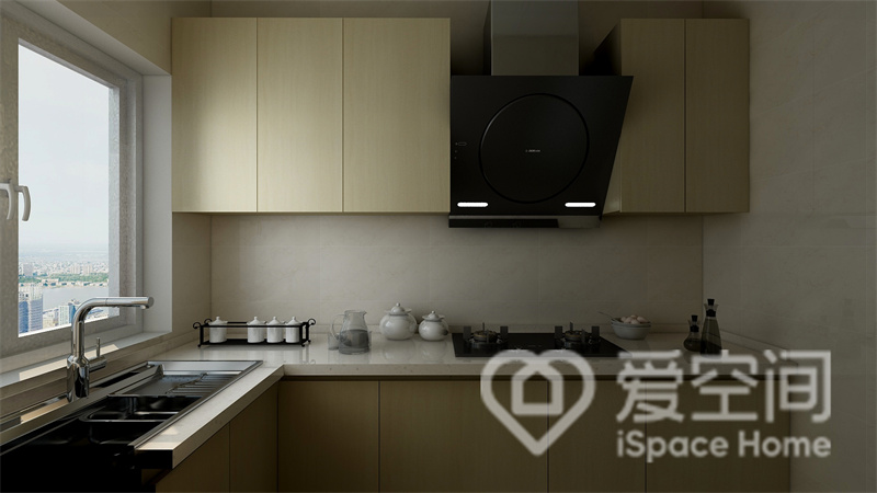 厨房选用米色砖面作为背景，搭配浅木色橱柜设计，L型布局带来舒适的烹饪动线，方便业主日常使用。