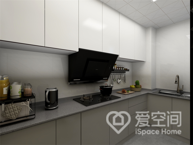 L型动线布局为厨房提供了更宽敞的操作空间，隐形柜门对空间起到装饰作用，整体美观而时尚。