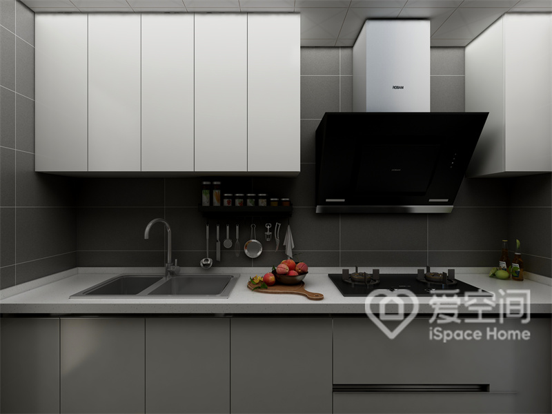 灰白色橱柜富于变化又格调统一，整体一字型布局，大幅度提高了烹饪效率，彰显出高效的生活方式。