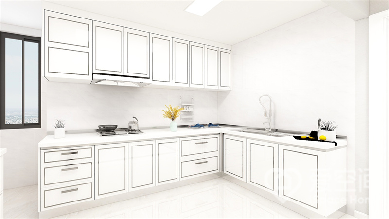 厨房空间十分明亮，设计师将现代品质、温暖与精致全部融入其中，黑色线条勾勒出空间层次质感。