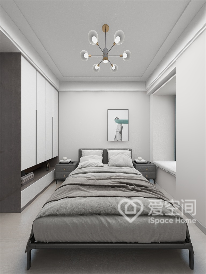 次卧无论材质、色彩，、还是家具软装的搭配上，以白灰为主，轻松打造时尚简约的现代卧室。