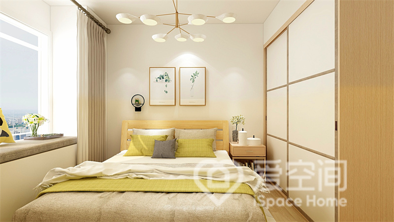 舒雅的色彩让整个主卧空间变得更加简约温馨，原木家具展示出不一样的生活质感，令卧室更加明亮干净。