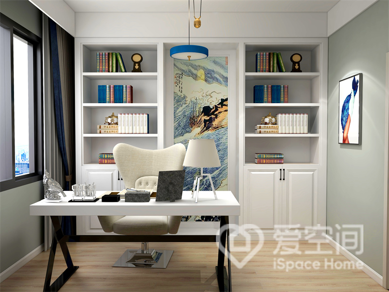次卧中，书柜提升了空间颜值，包揽了储物需求，白色的书桌椅造就了温馨整洁的办公氛围。