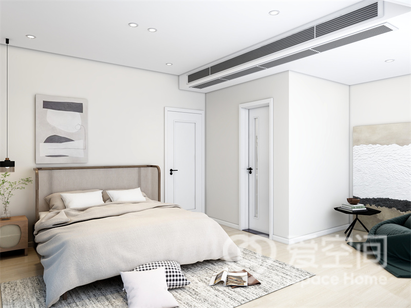 主卧无主灯设计，米白色背景墙打造出舒适宽敞的休息氛围，米白色布艺床品打造出优雅和温馨。