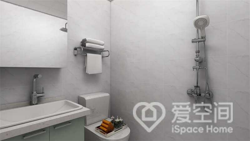 卫生间展现出简约格调，在低调间诠释出北欧的优雅与整洁，洗手柜为空间添加了几分灵动。