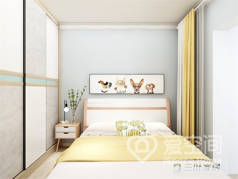 装饰画减少了大面积背景带来的单调，北欧家具保持了主卧的简练洁净，黄色软装强化了空间活力。