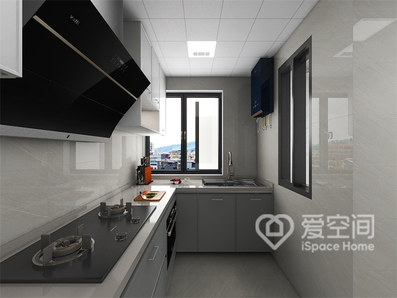 厨房选用超级温柔的灰色和白色搭配，L型的空间布局提升了烹饪效率，令空间显得柔和而宁静。