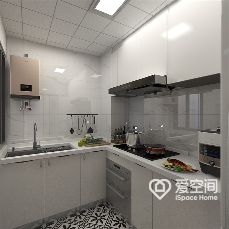 厨房空间的设计温暖而理性，米白色橱柜质感沉稳，地面铺贴了花砖，提升了空间的时尚感。