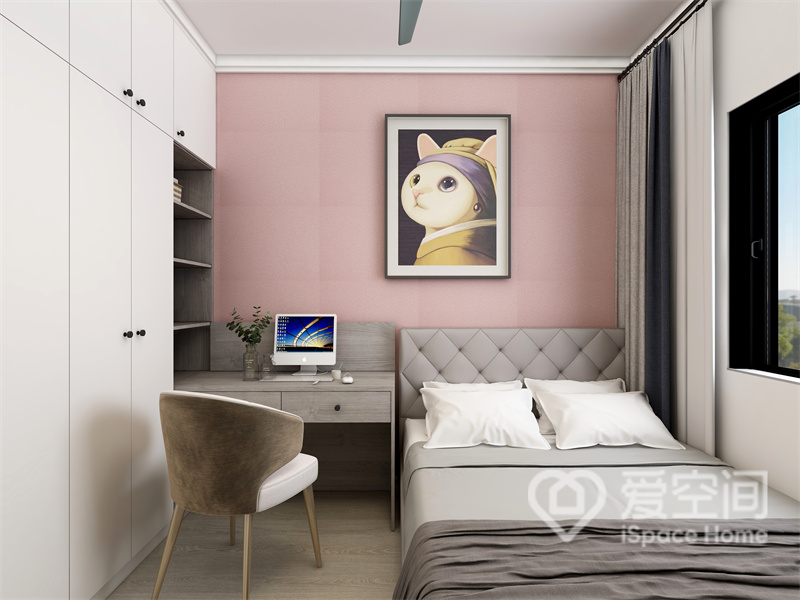 次卧选用粉色刻画温馨的生活场景，衣柜多元化设计，满足了多种场景需求，床品酝酿出舒适自在的感觉。