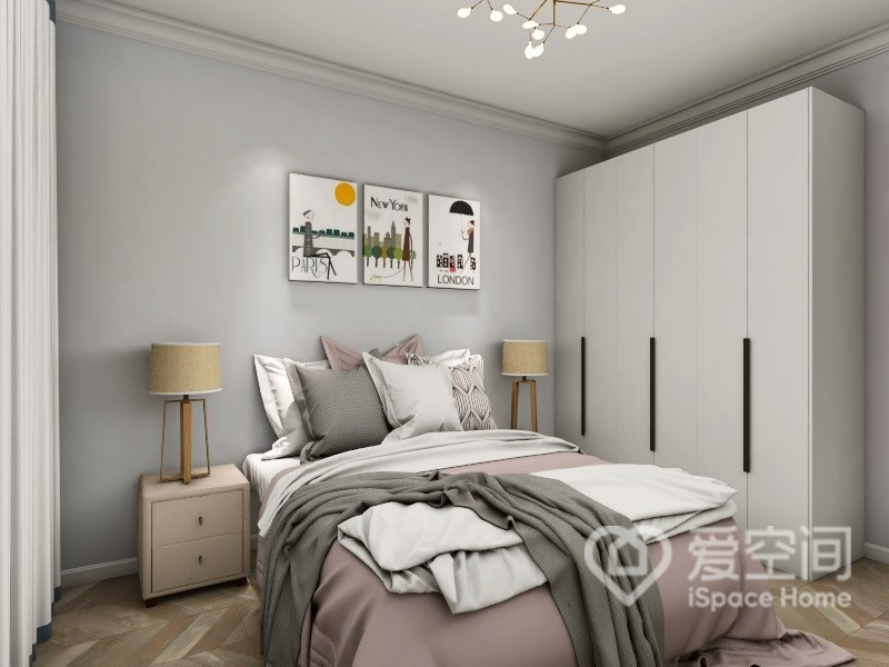 主卧中，灰色与粉色的碰撞带来视觉层次感，简约精致的家具打造属于现代化的卧室空间。